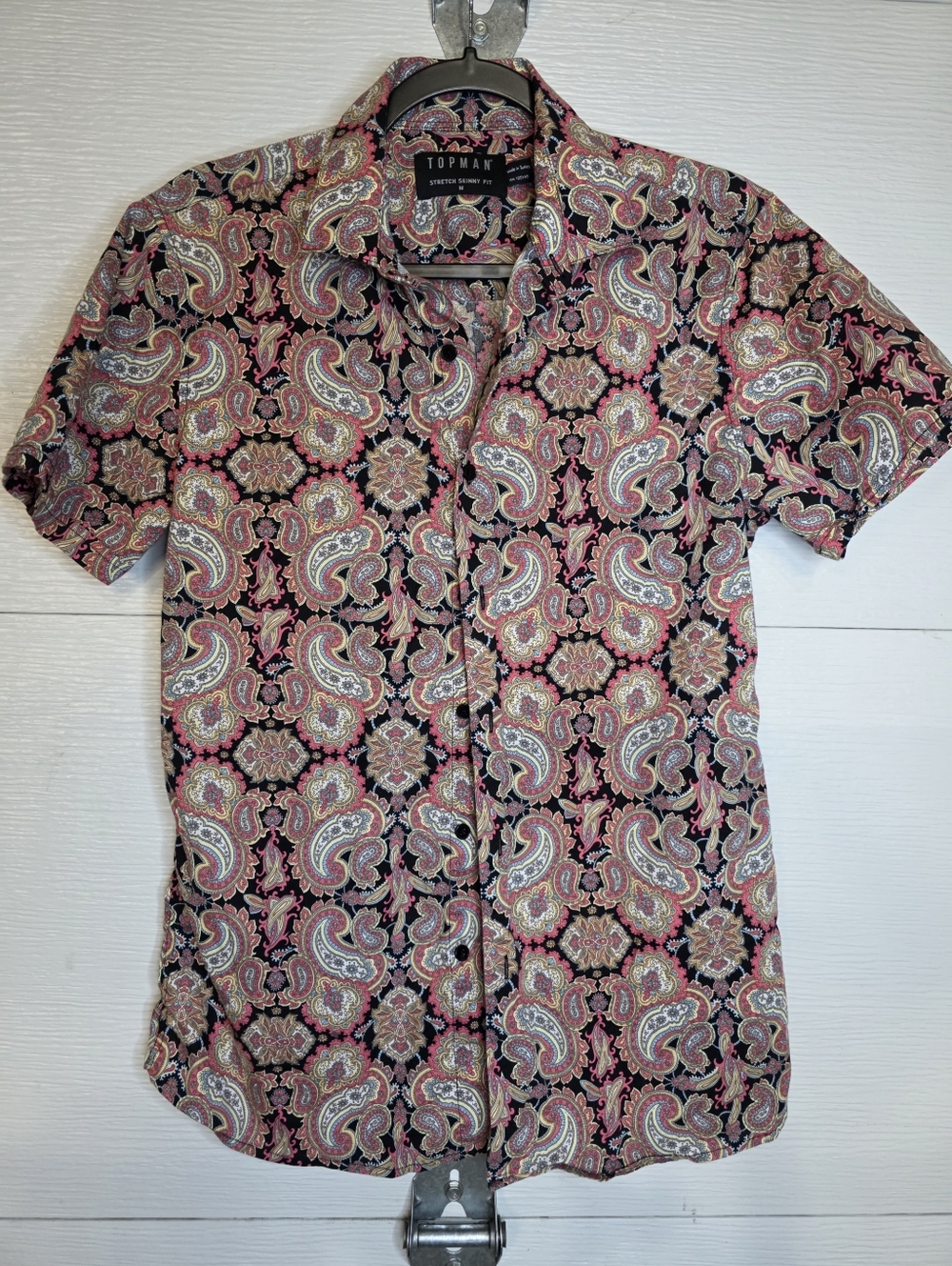 Topman Short Sleeve Paisley Button-Down Shirt in Pink and Black
